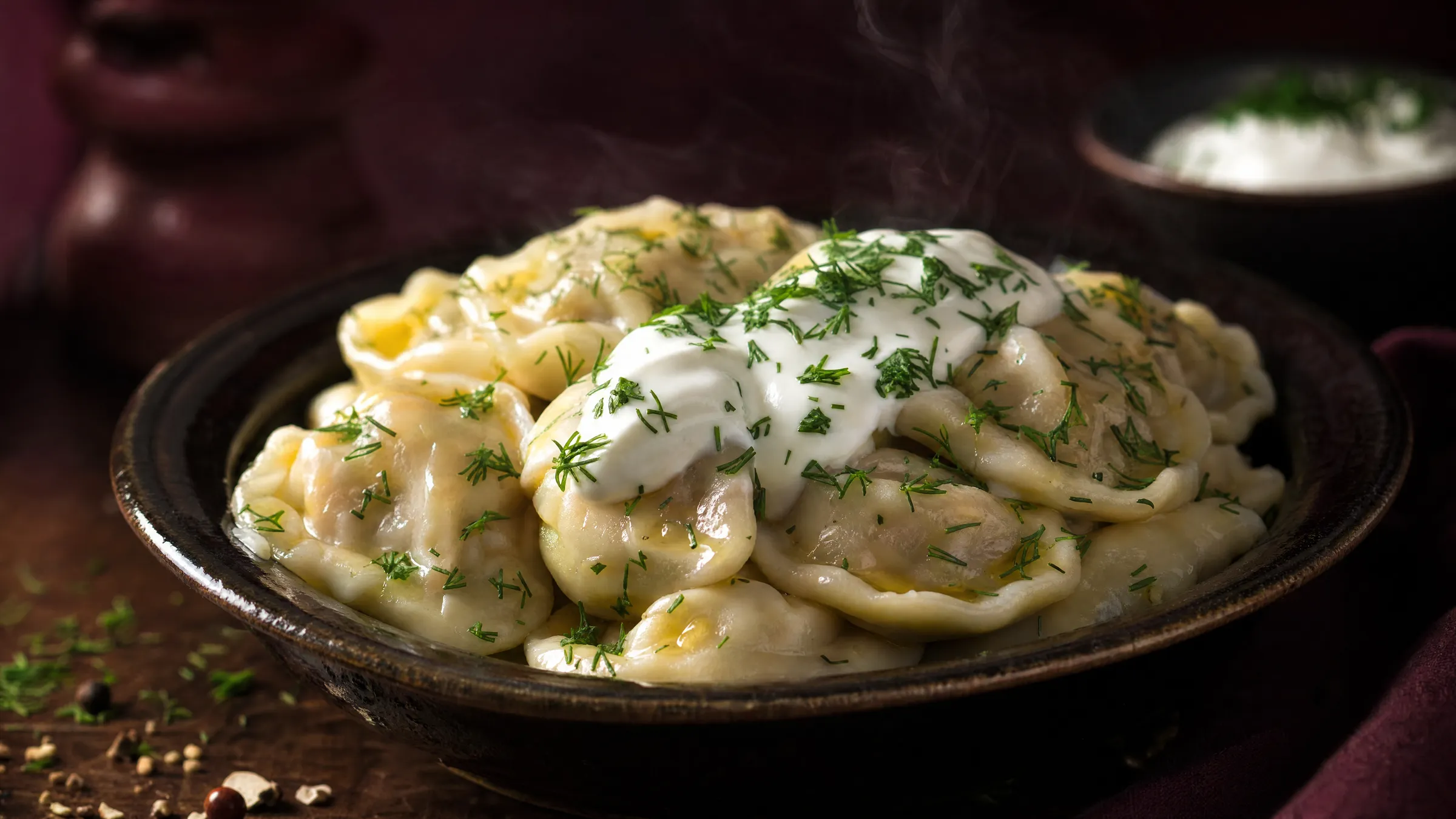 Hausgemachte Pelmeni mit Smetana und frischem Dill aus dem Babushka Foodtruck