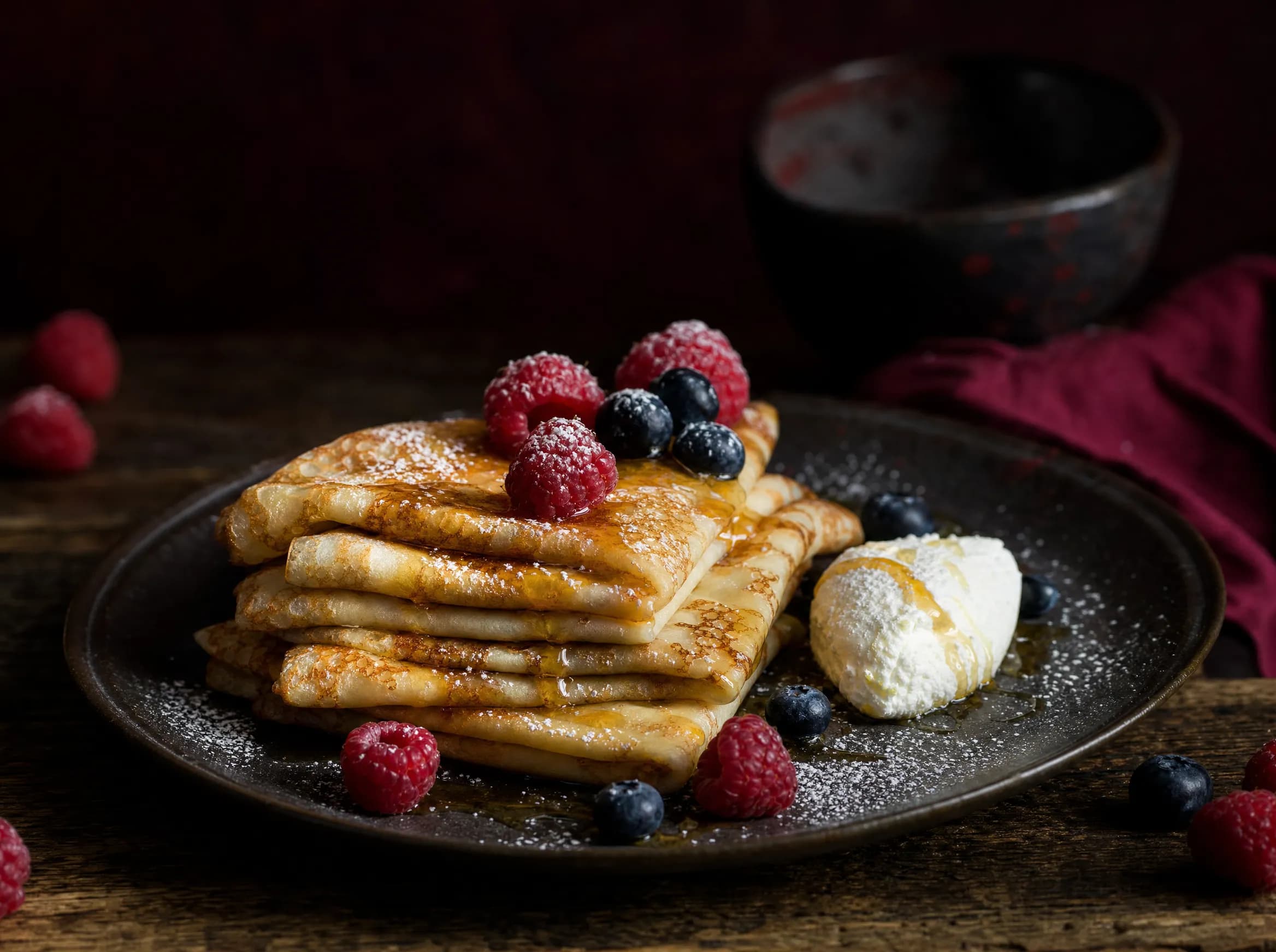 Süße Blini mit Quark, Honig und frischen Beeren