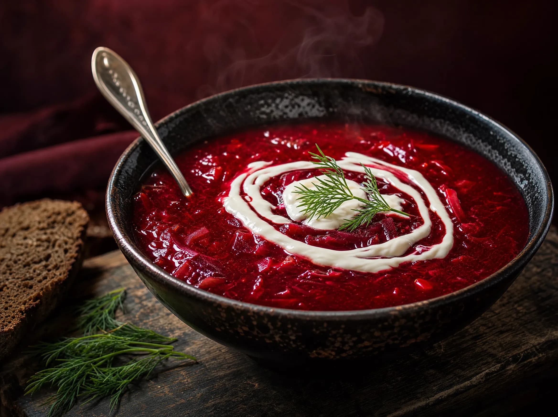 Frischer Borschtsch — russische Rote-Bete-Suppe mit Smetana