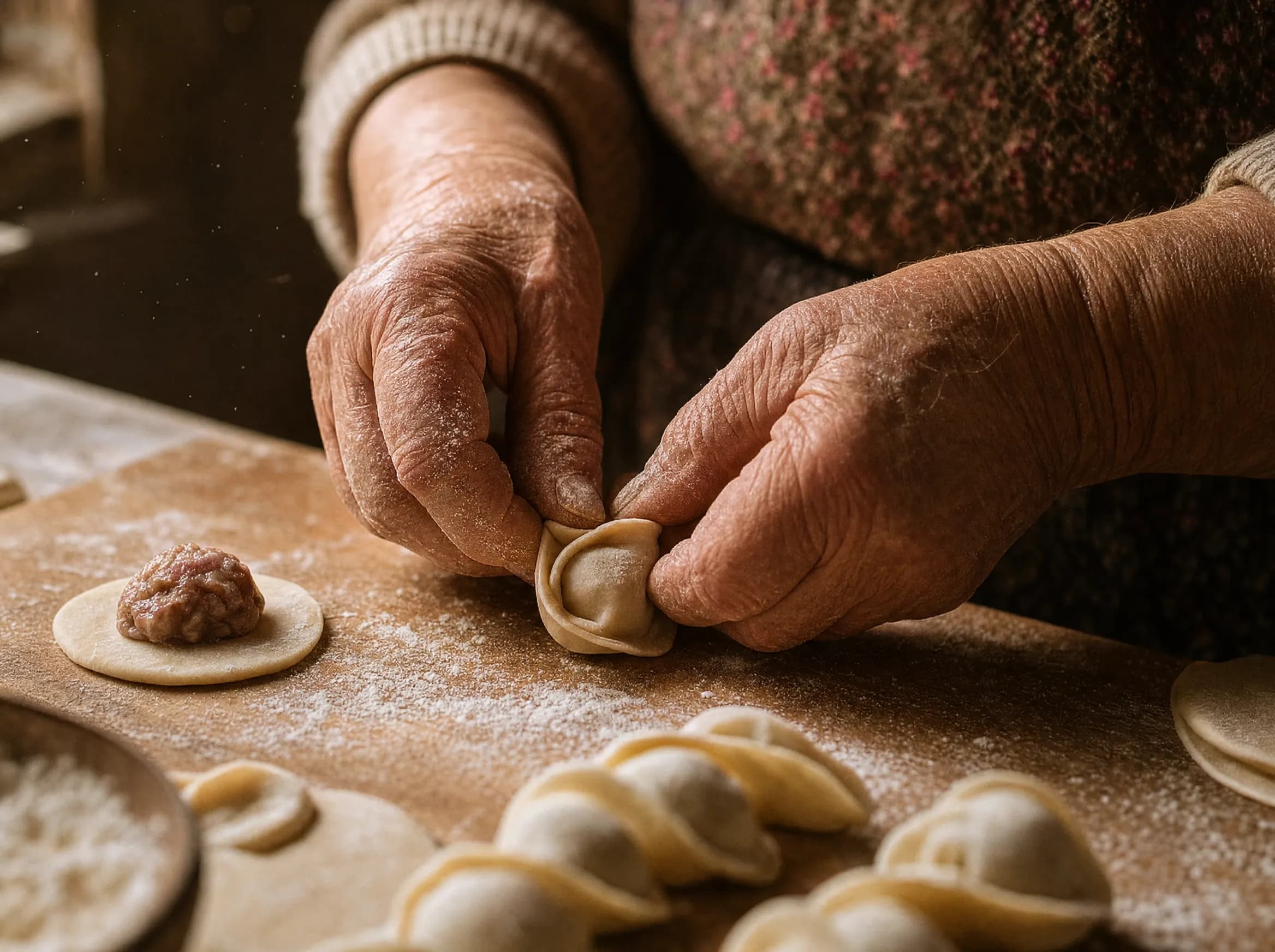 Hände, die eine Pelmeni-Teigtasche von Hand falten
