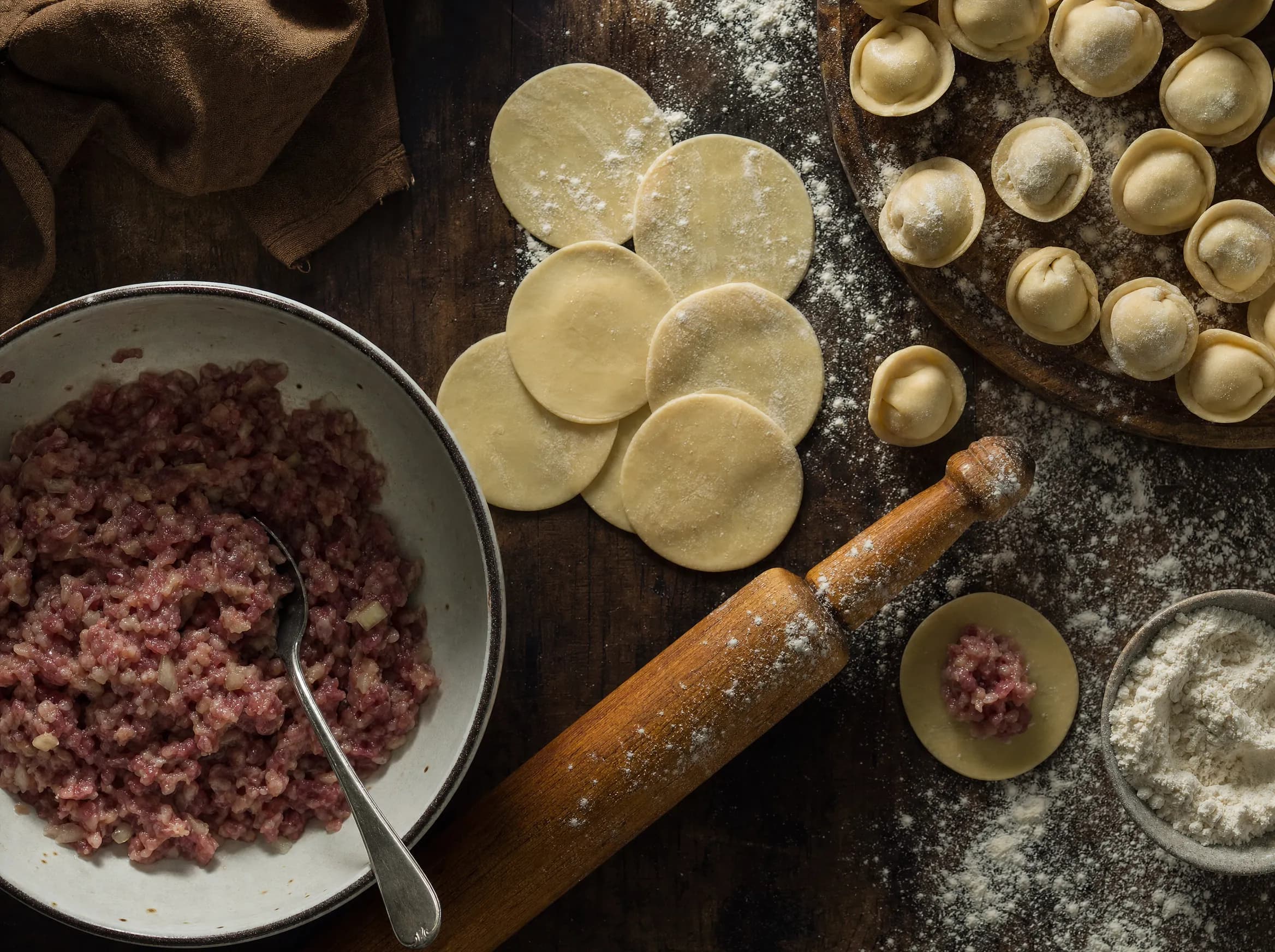 Frischer Teig und Füllung beim Teigtaschen-Machen