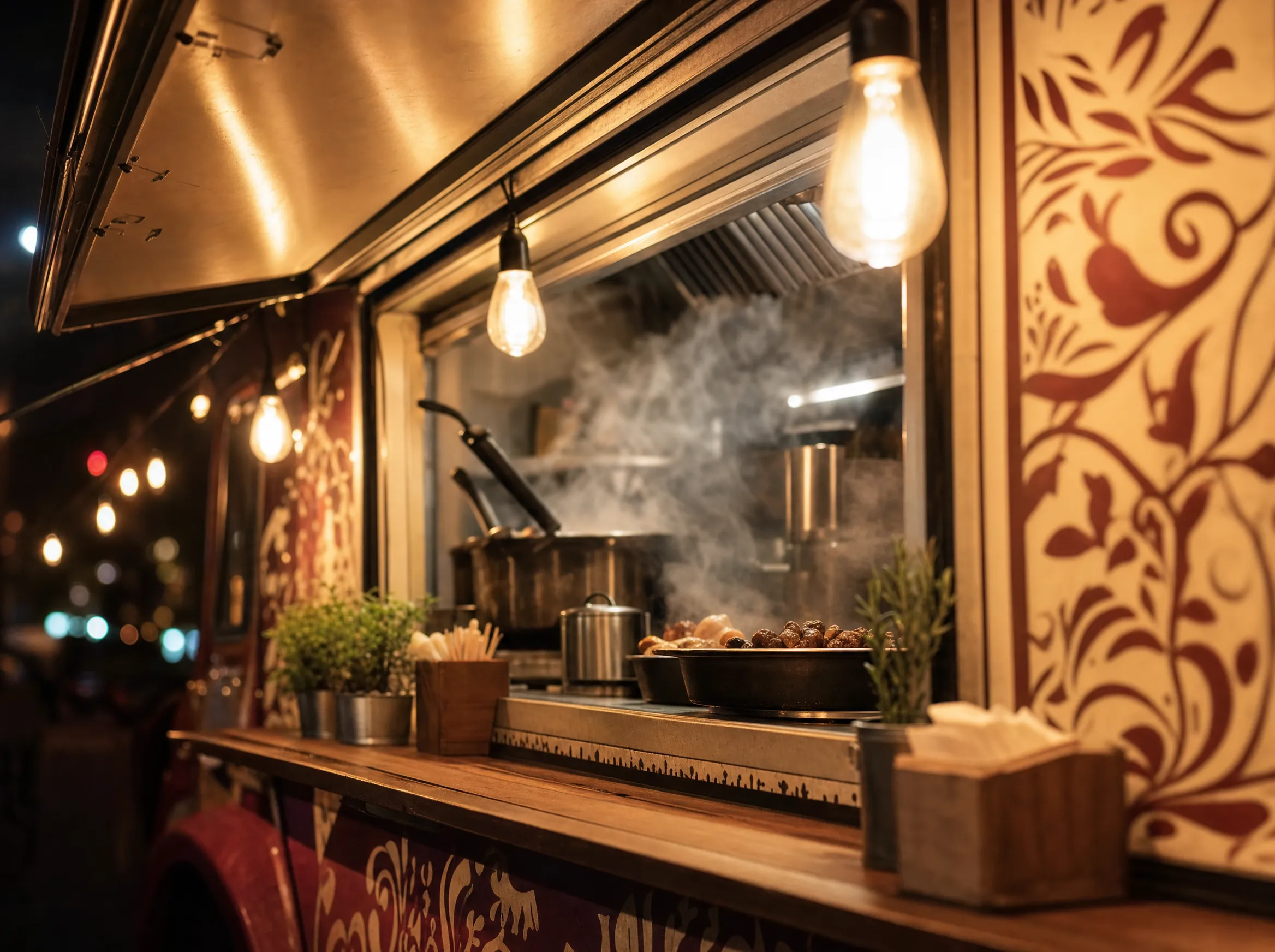 Warm beleuchtetes Ausgabefenster des Foodtrucks bei Nacht