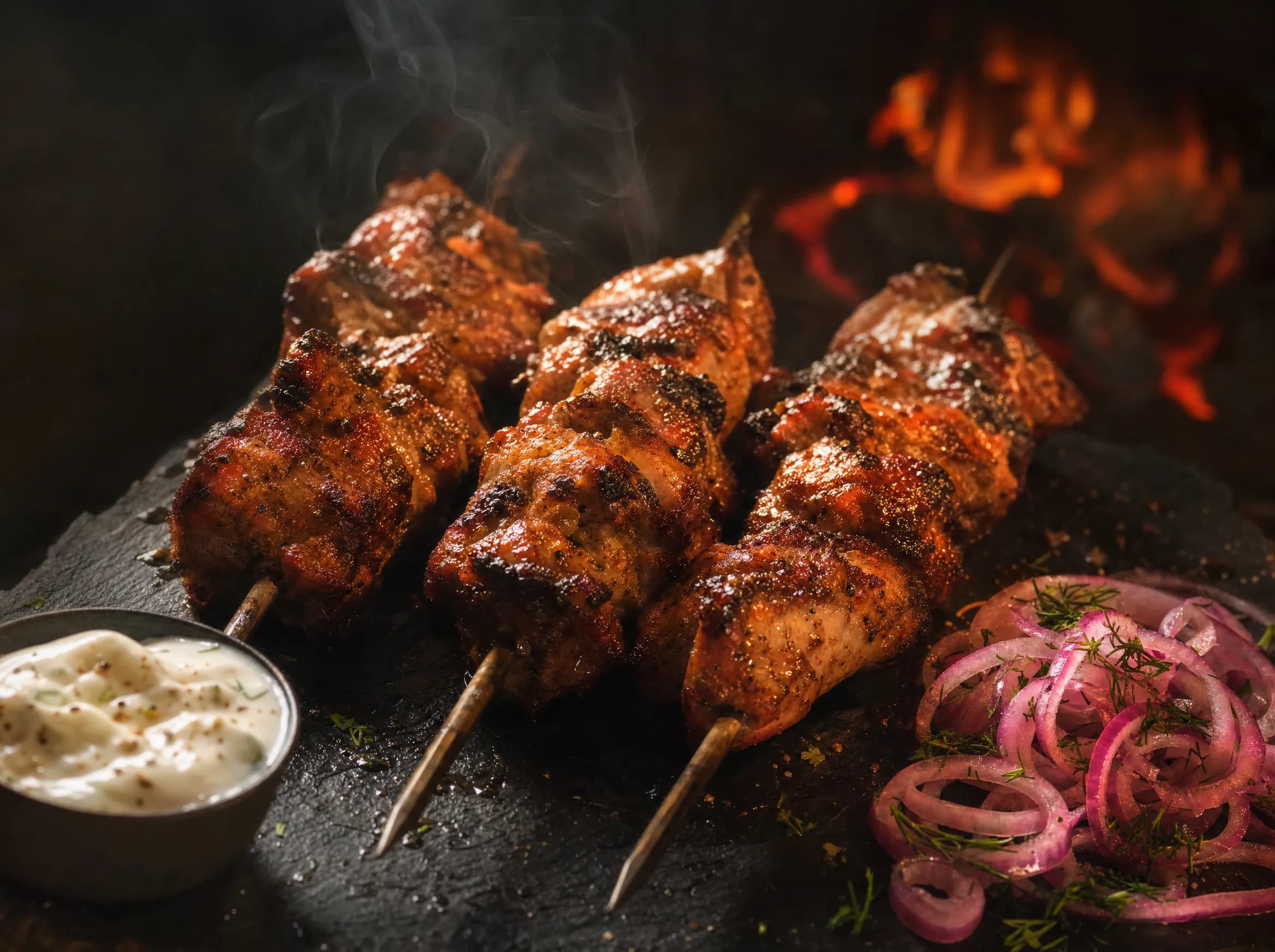 Schaschlik vom Grill mit eingelegten Zwiebeln, osteuropäische Küche