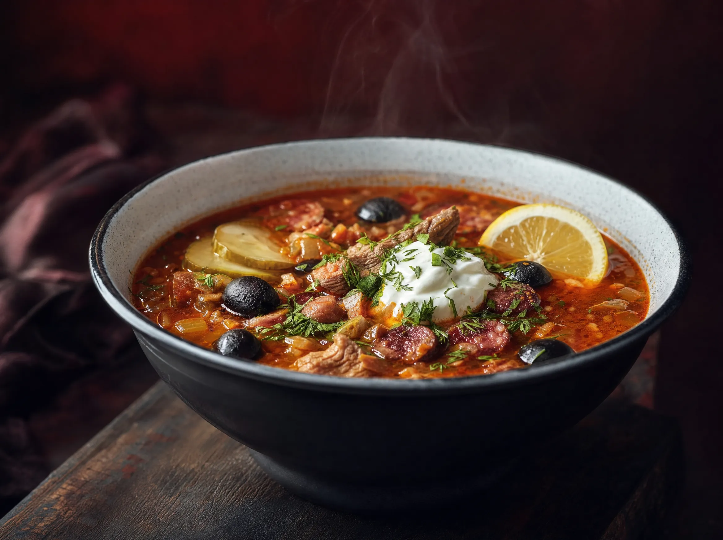 Soljanka mit Wurst, Oliven und Smetana, osteuropäische Küche