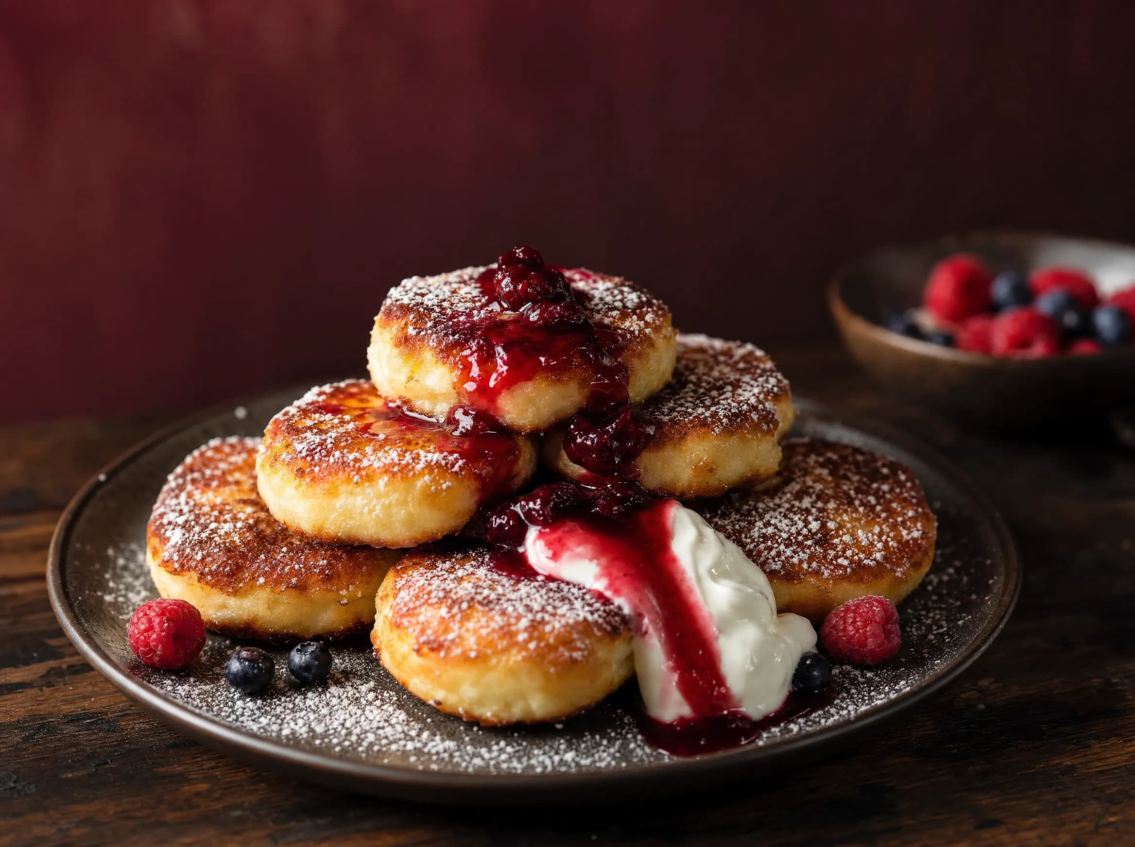 Syrniki — goldene Quarktaler mit Beerensauce